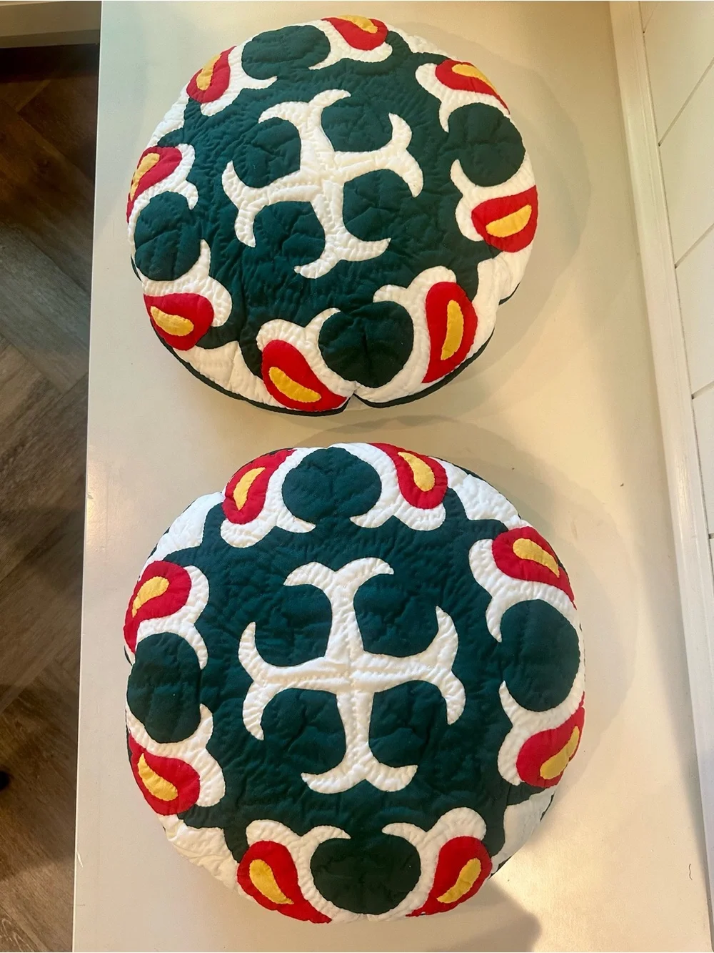Handmade Quilted Round Quilted Throw Pillow Pair in Dark Green, White & Red